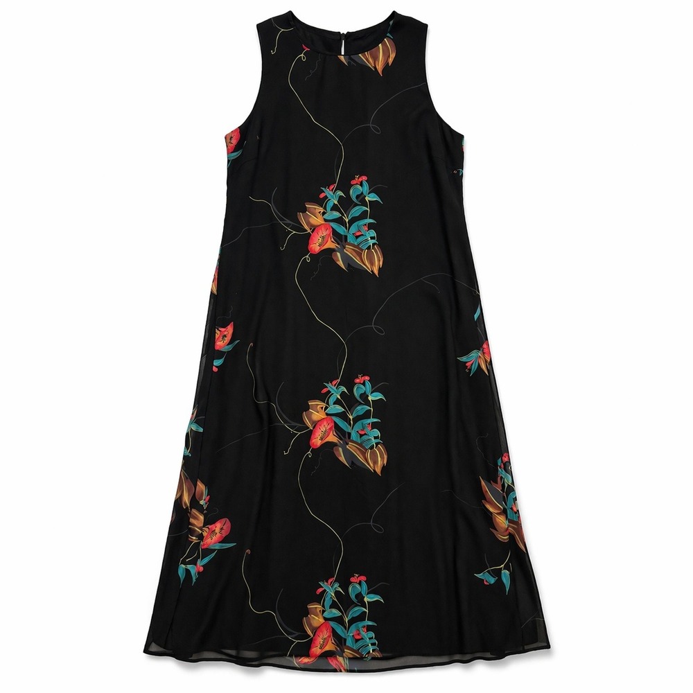 Boho Vtg Positive Attitude Petite Black Floral Maxi Dress 12P Whimsigoth Witchy